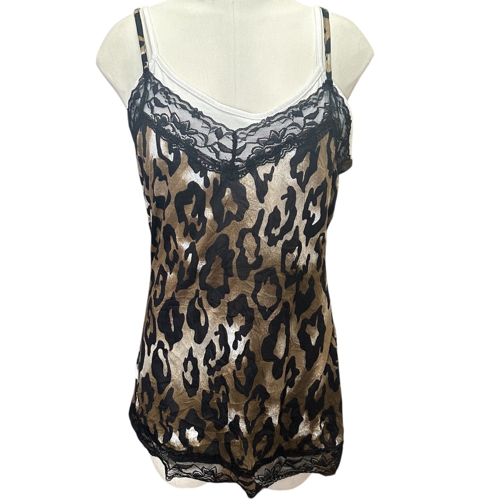 Wet Seal Camisole Women‎ L Brown Leopard Print Lace Trim Adjustable Straps Y2K